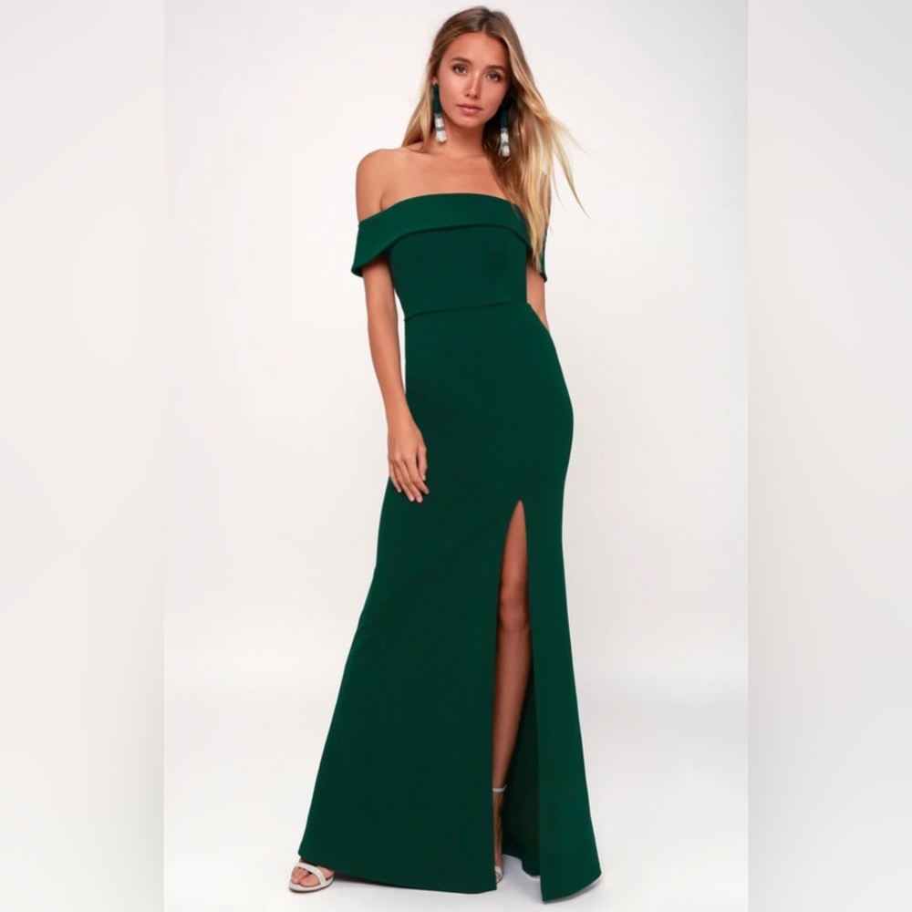 Lulus Aveline Forest Green Off-the-Shoulder Maxi Dress | formal wedding guest